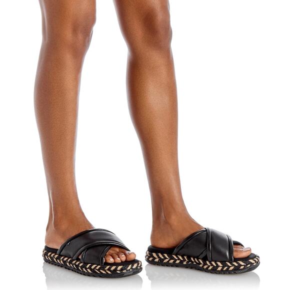 TORY BURCH Crisscross Espadrille Slides Black Tan Black Leather Logo 8 - Picture 1 of 9